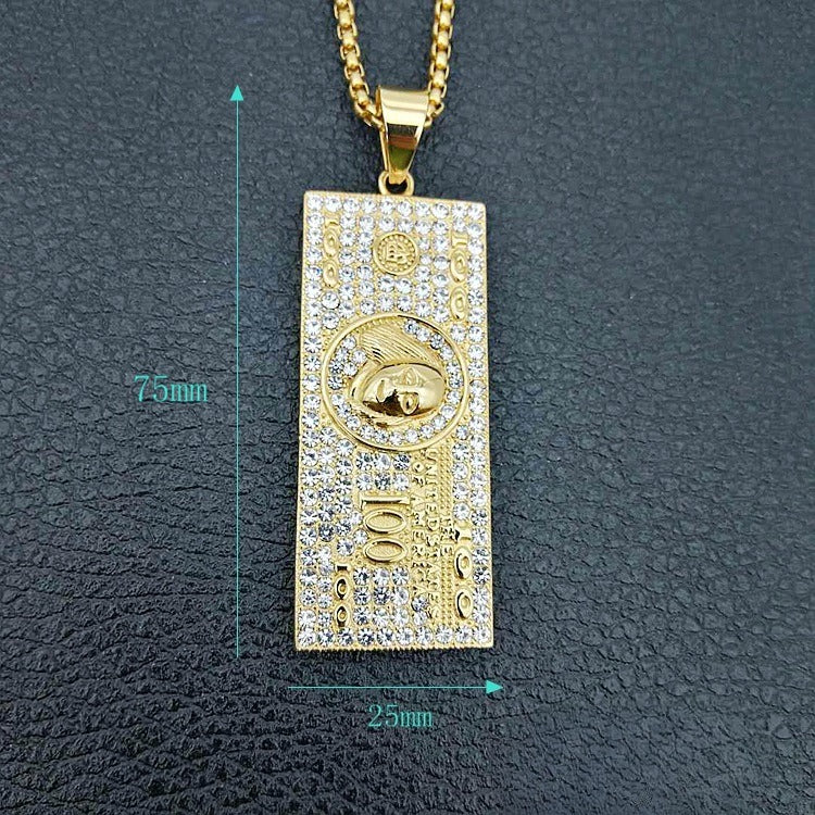 Stainless Steel Necklace – Dainty Luxury Hip Hop Dollar Pendant With Gold Plated Zircon