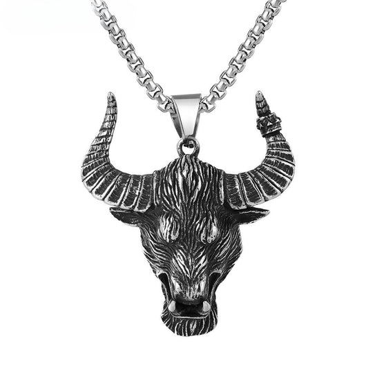 Planderful Bull Head Pendant Necklace Titanium Steel Personalized Retro Horn For Men Unisex Protection