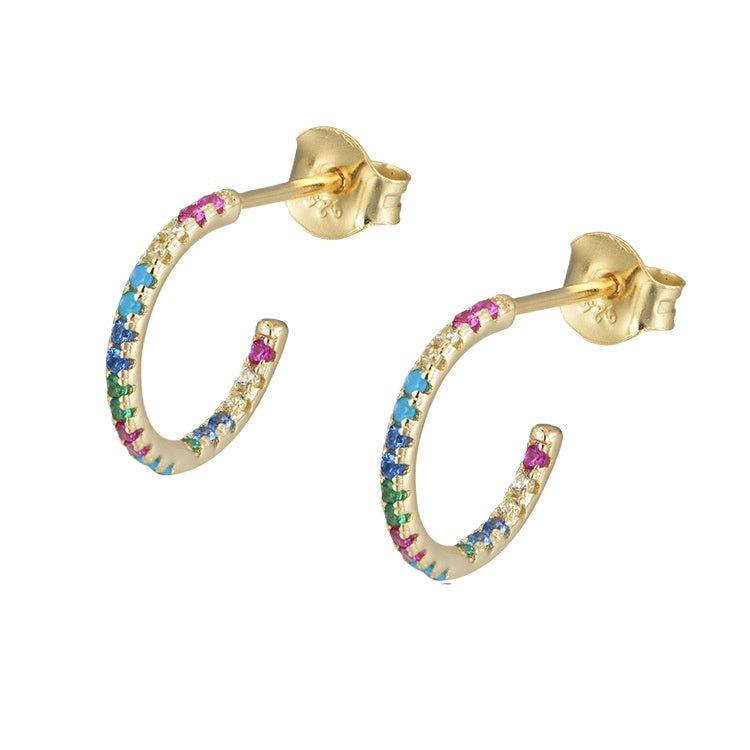 S925 Sterling Silver Slightly Inlaid Colored Zircon C-Shaped Earrings,