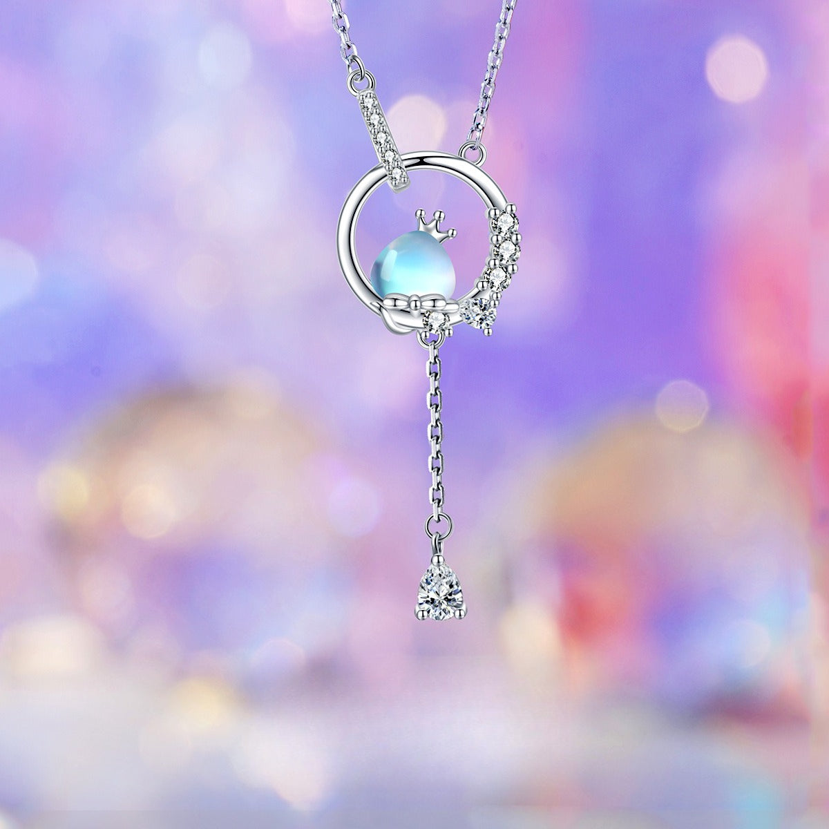 Planderful Dream Star Moonstone Necklace S925 Sterling Silver Tassel Zircon For Women Collarbone Jewelry