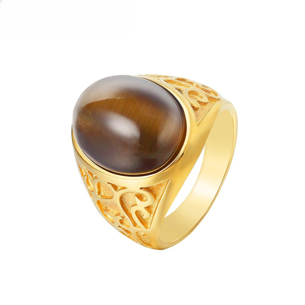 Planderful Opal Stone Ring Unisex Gold Plated Titanium Steel Durable Vintage Protection
