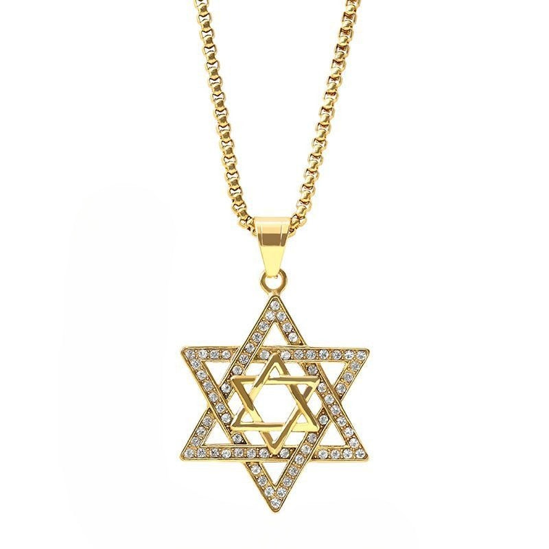 Planderful Everyday Genie Hip Hop Pendant Titanium Steel Gold Plated Zircon Star Of David Hexagram Necklace For Men