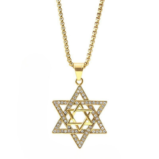 Planderful Everyday Genie Hip Hop Pendant Titanium Steel Gold Plated Zircon Star Of David Hexagram Necklace For Men