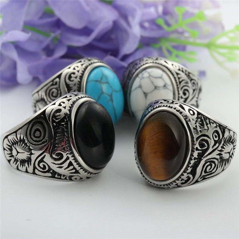 Planderful Stainless Steel Turquoise Ring Unisex Bold Retro Men Accessories For Everyday Style
