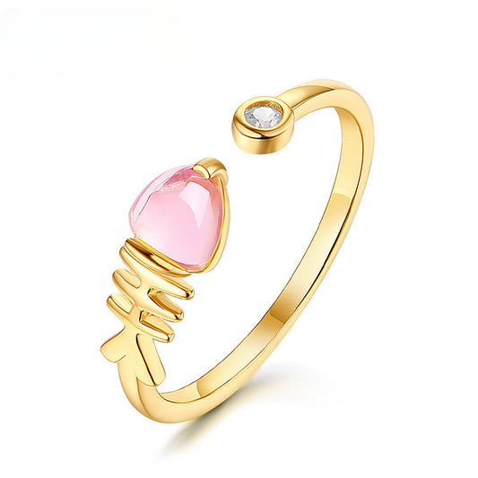 Pink Crystal Cute Fishbone Opening Silver Ring