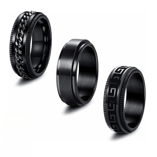 Rotating Pressure Reducing Men's Titanium Steel Ring Set, Black Electroplated - Size 6-13