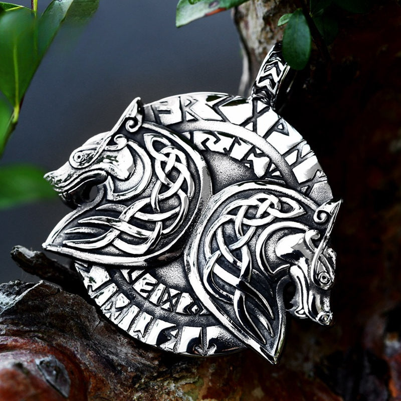 Titanium Steel Double Wolf Head Pendant with Nordic Viking Celtic Knot Design for Men