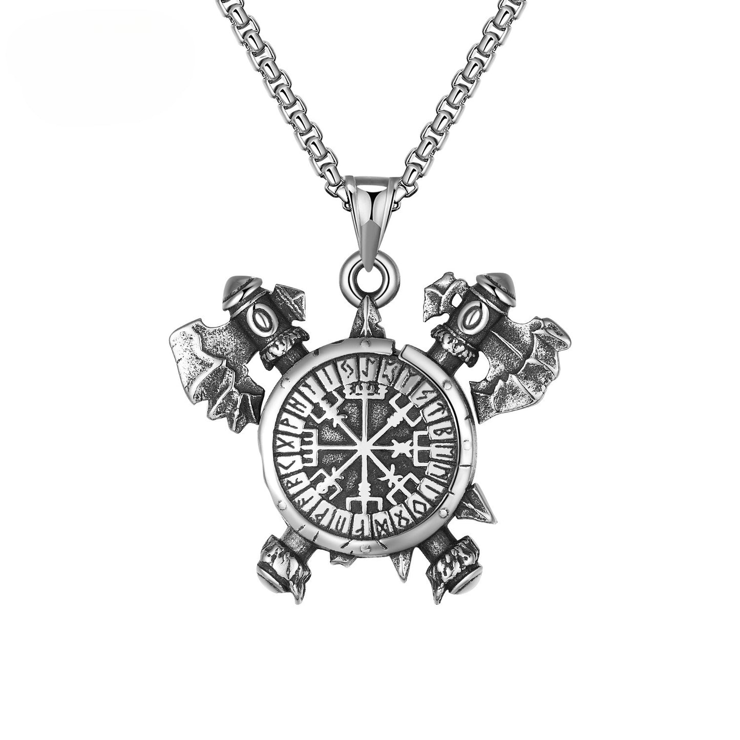 Steel Necklace – Statement Odin Viking Pendant Featuring Runic Shield And Axe Motif