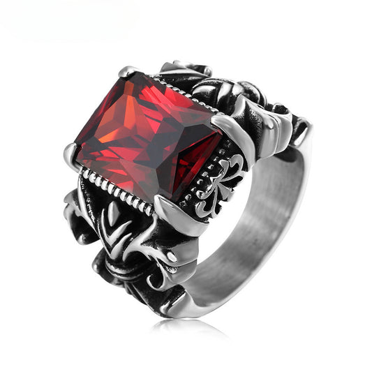 Punk Rectangle Zircon Childern Flower Titanium Steel Ring for Men