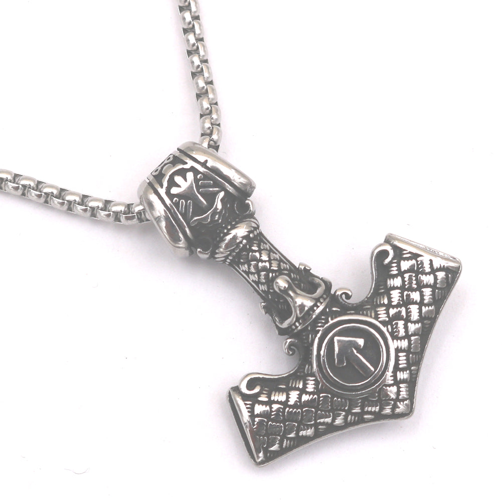 Viking Thunder Hammer Titanium Steel Necklace - European and American Favorite with Runa Rune Pendant