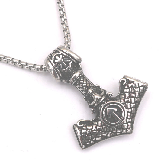 Viking Thunder Hammer Titanium Steel Necklace - European and American Favorite with Runa Rune Pendant