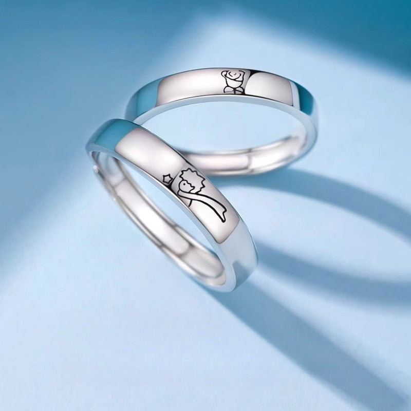 Planderful 925 Sterling Silver Couple Ring Little Prince And Rose Design Adjustable Gift For Girlfriend
