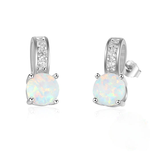 Round Opal with Zircon Circle Ring Sterling Silver Stud Earrings
