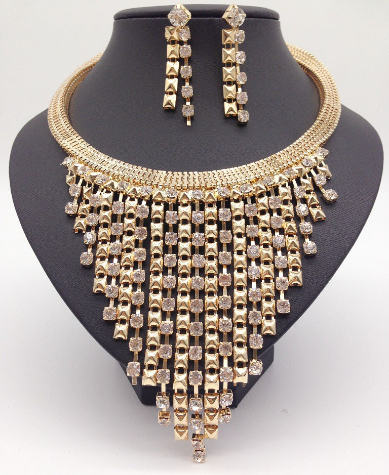 Dazzling Rhinestone Tassel Necklace and Earring Set - European Glam Collection