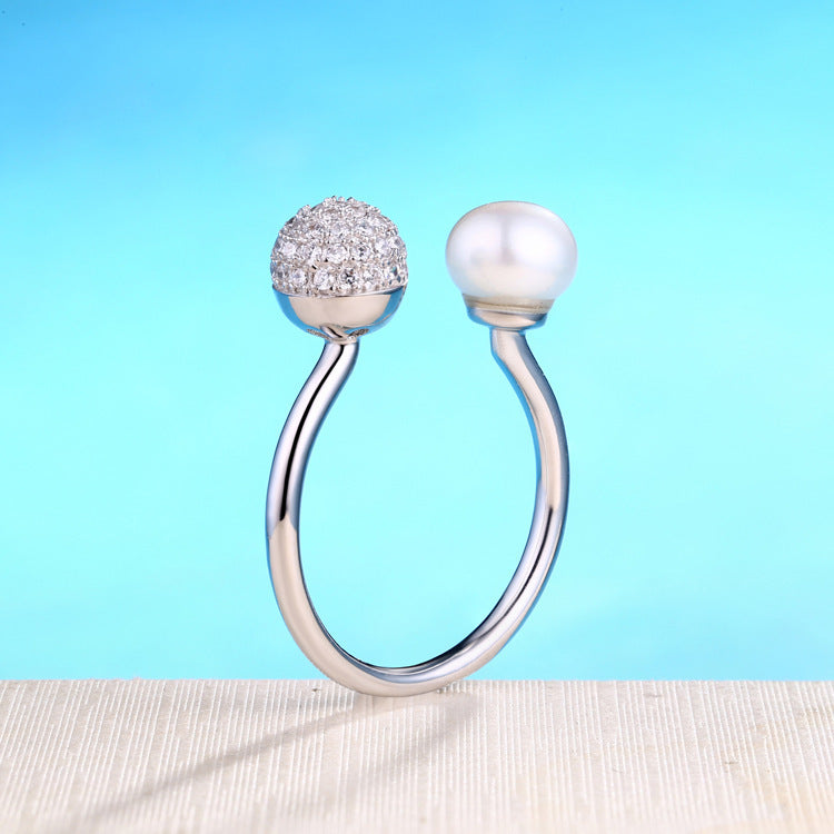 Round Pearl Zircon Ball Opening Sterling Silver Ring