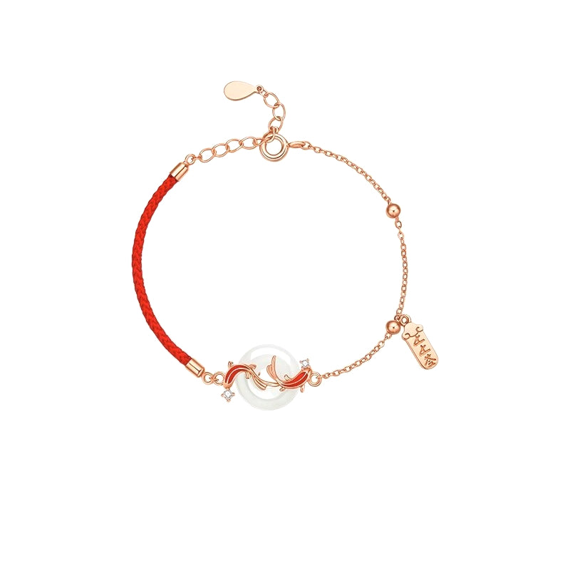 Planderful Sterling Silver Koi And Tian Jade Safety Buckle Bracelet Red Rope For Girlfriend Gift