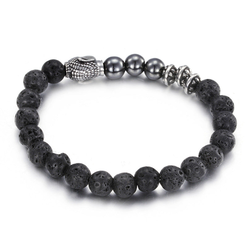 Stylish Stainless Steel Buddha Head Bracelet with Lava Volcanic Stone and Agate Beads for Men