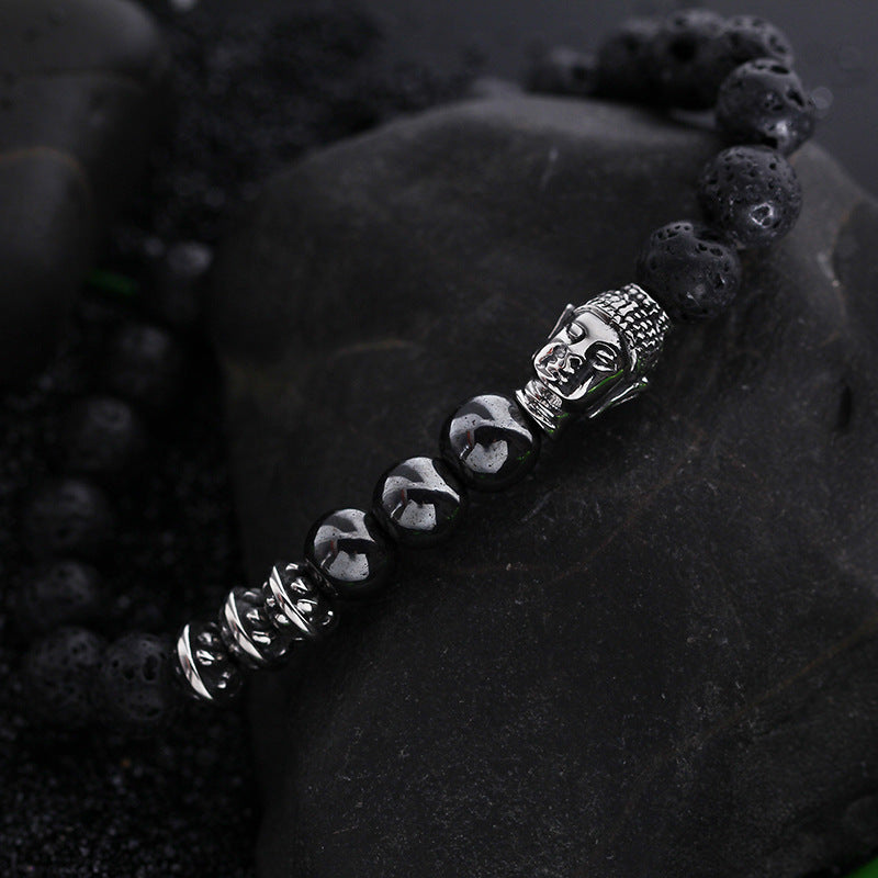 Stylish Stainless Steel Buddha Head Bracelet with Lava Volcanic Stone and Agate Beads for Men