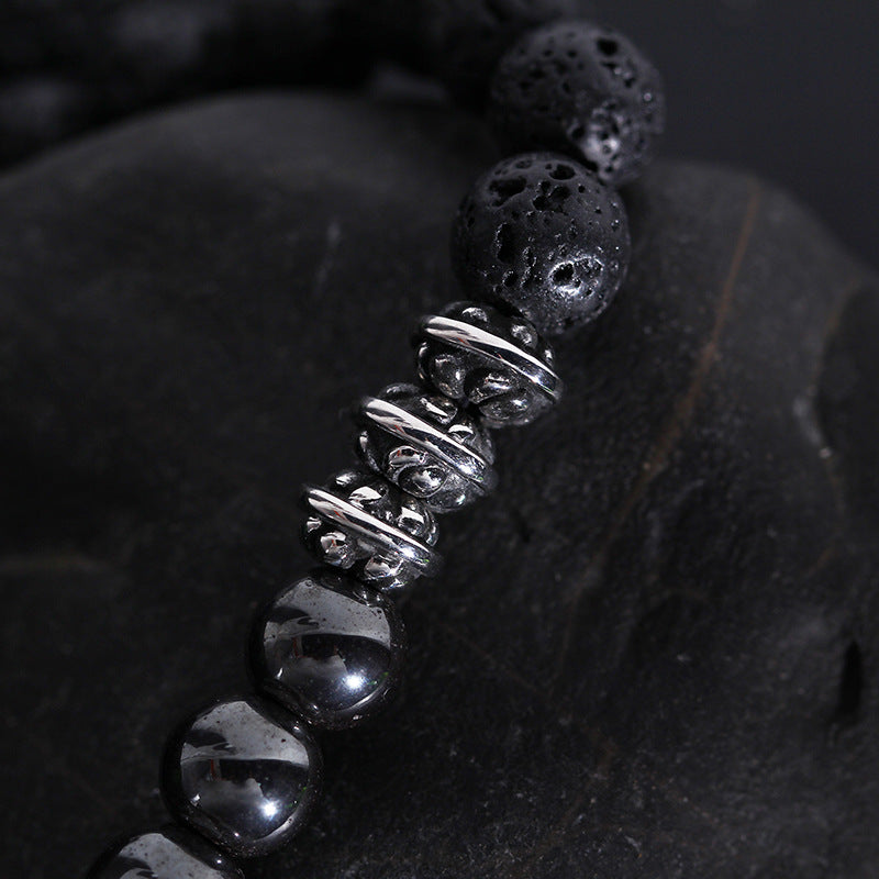 Stylish Stainless Steel Buddha Head Bracelet with Lava Volcanic Stone and Agate Beads for Men