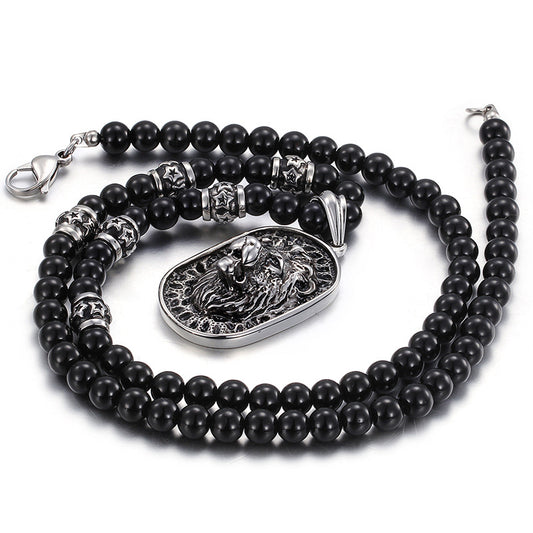 Exaggerated Lion Head Pendant Necklace with Buddha Beads - Ethnic Style Titanium Steel Long Chain for Men and Women