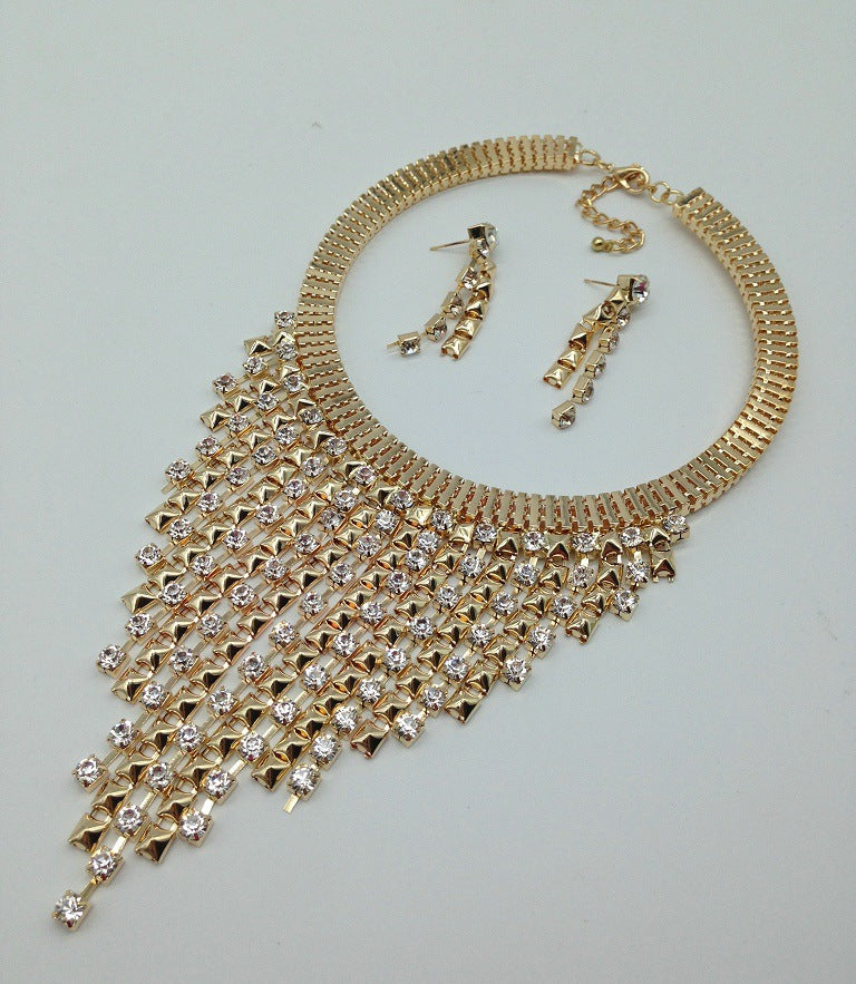 Dazzling Rhinestone Tassel Necklace and Earring Set - European Glam Collection