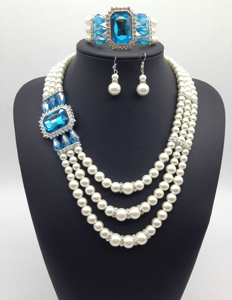 Pearl and Gemstone Multi-layer Necklace, Earrings & Bracelet Set