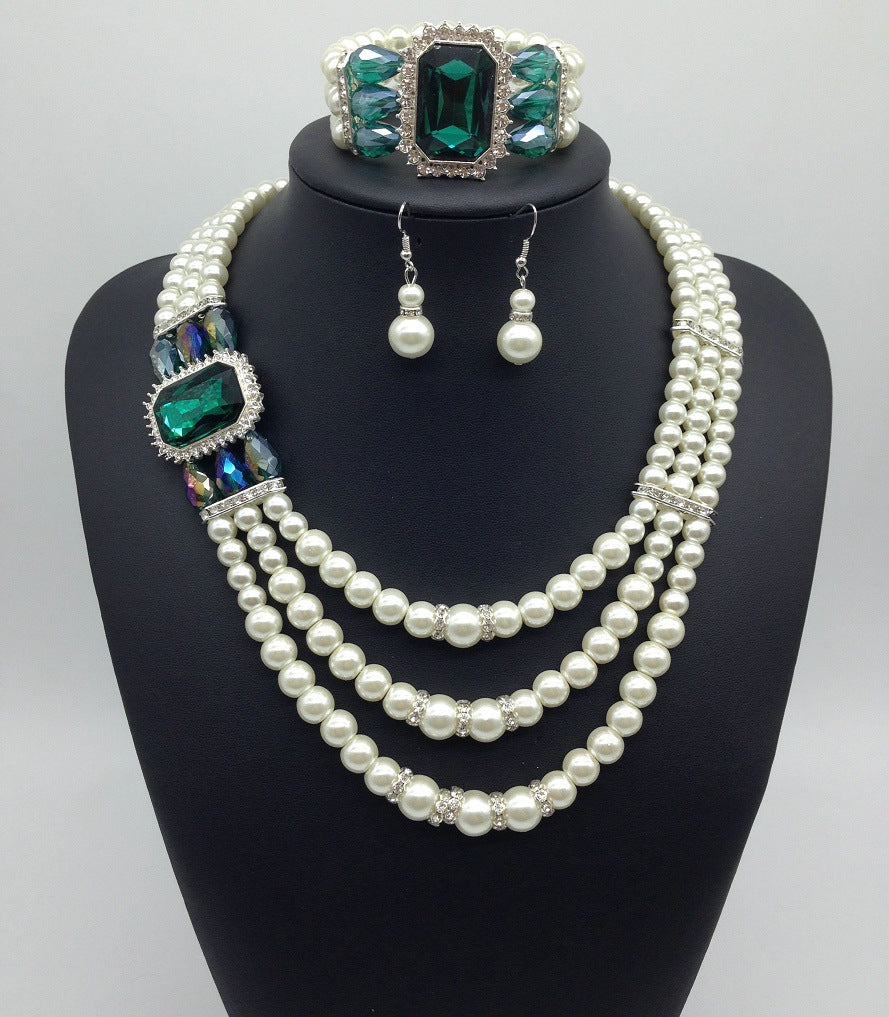 Pearl and Gemstone Multi-layer Necklace, Earrings & Bracelet Set