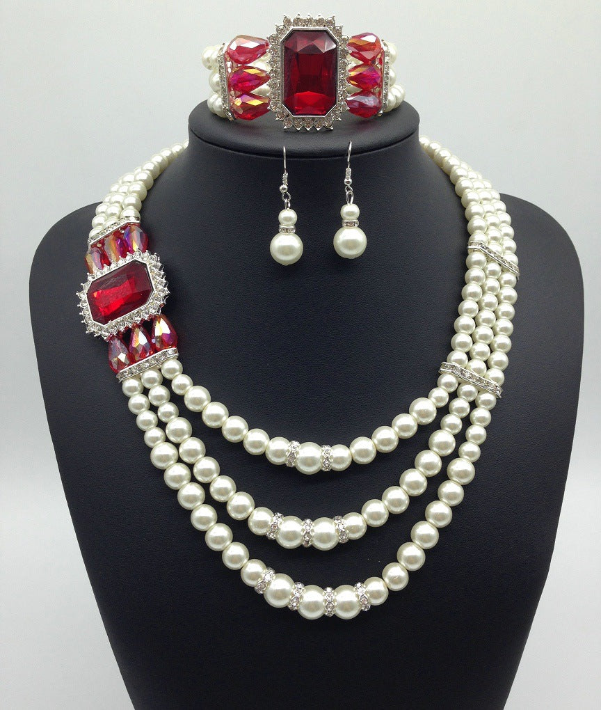 Pearl and Gemstone Multi-layer Necklace, Earrings & Bracelet Set