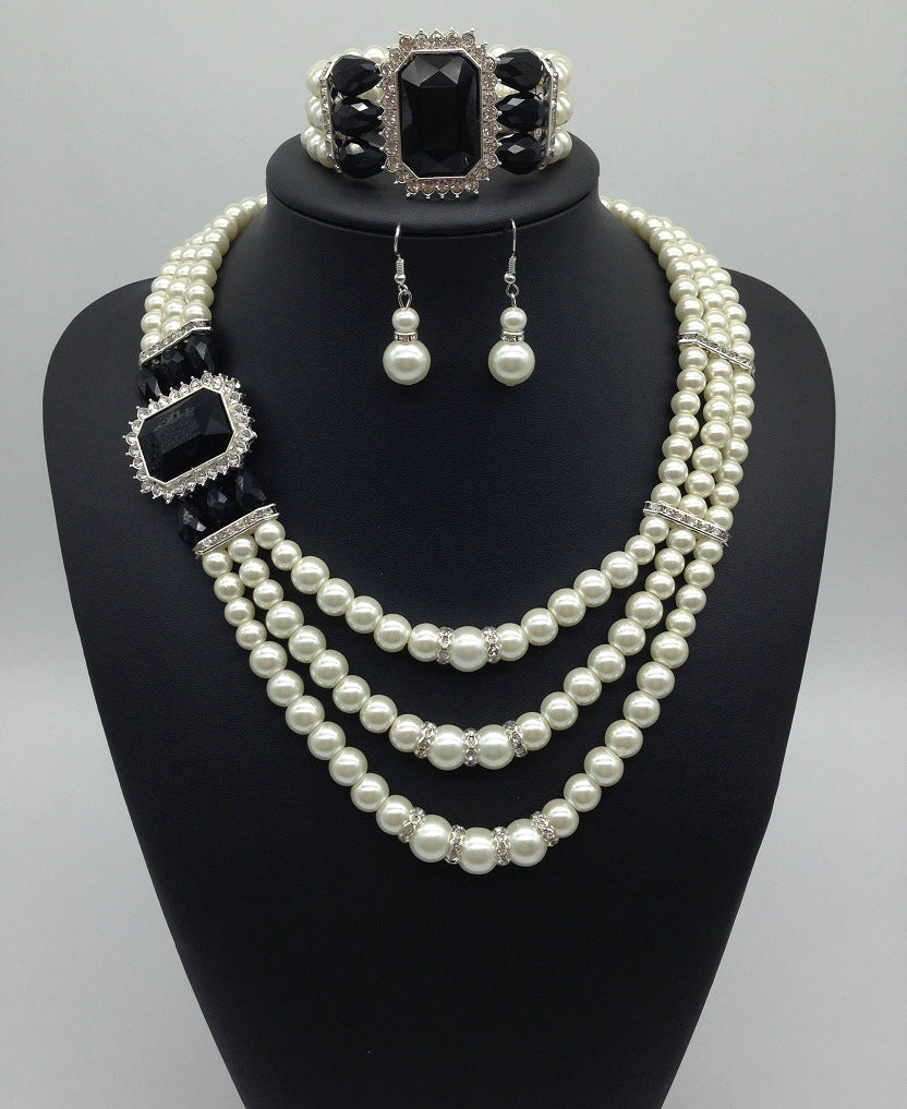 Pearl and Gemstone Multi-layer Necklace, Earrings & Bracelet Set