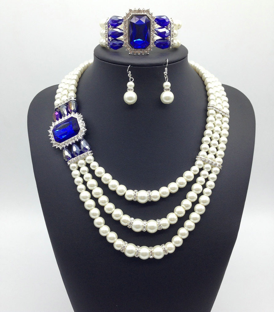 Pearl and Gemstone Multi-layer Necklace, Earrings & Bracelet Set