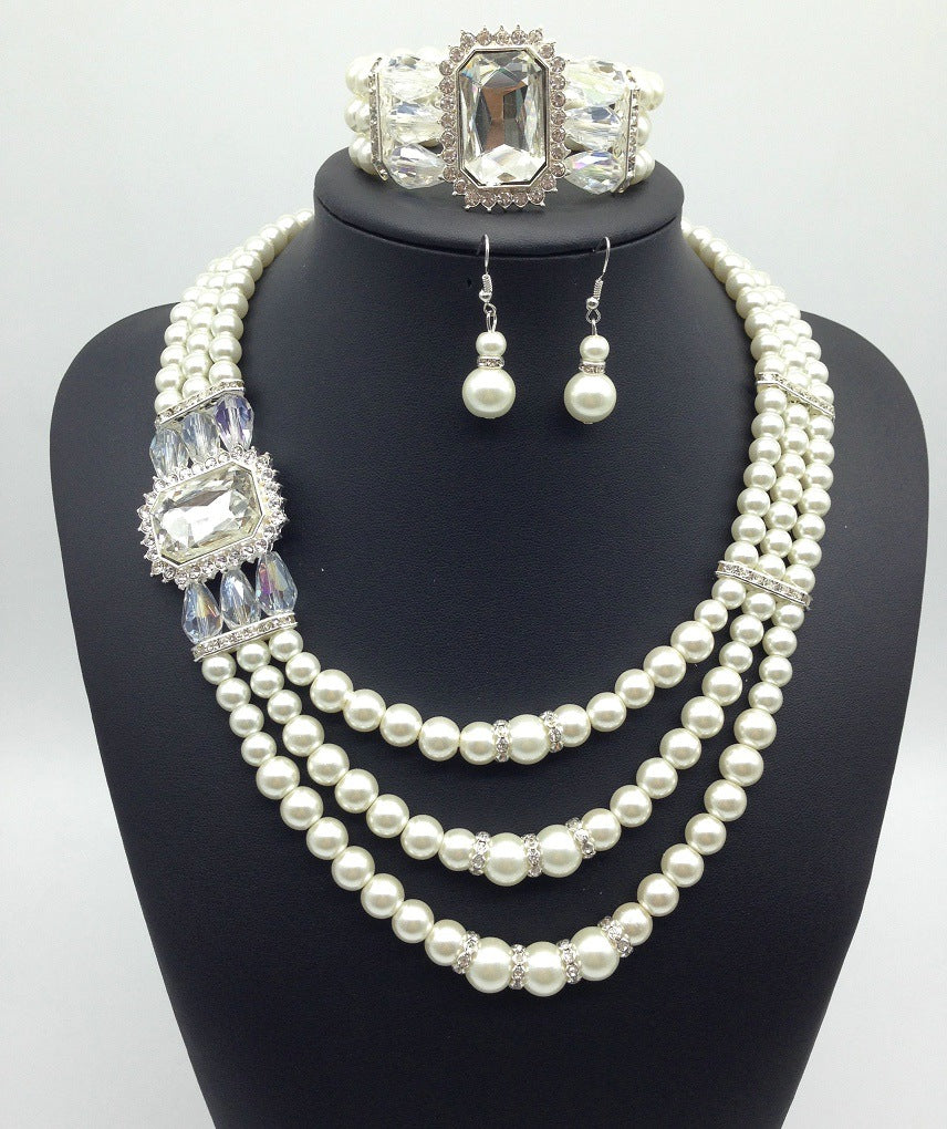Pearl and Gemstone Multi-layer Necklace, Earrings & Bracelet Set