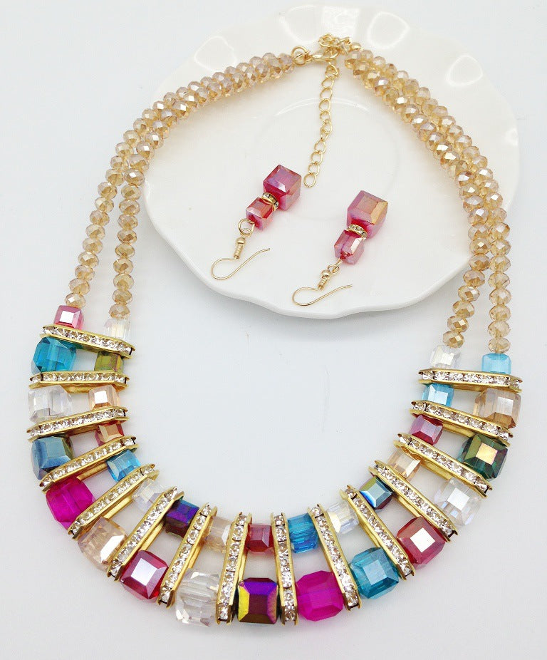 Crystal Glass Color Necklace Earrings Set with Clavicle Chain