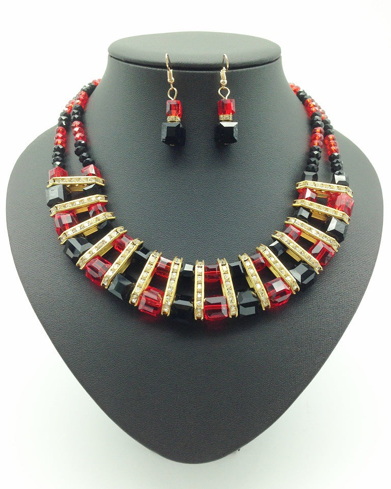 Crystal Glass Color Necklace Earrings Set with Clavicle Chain