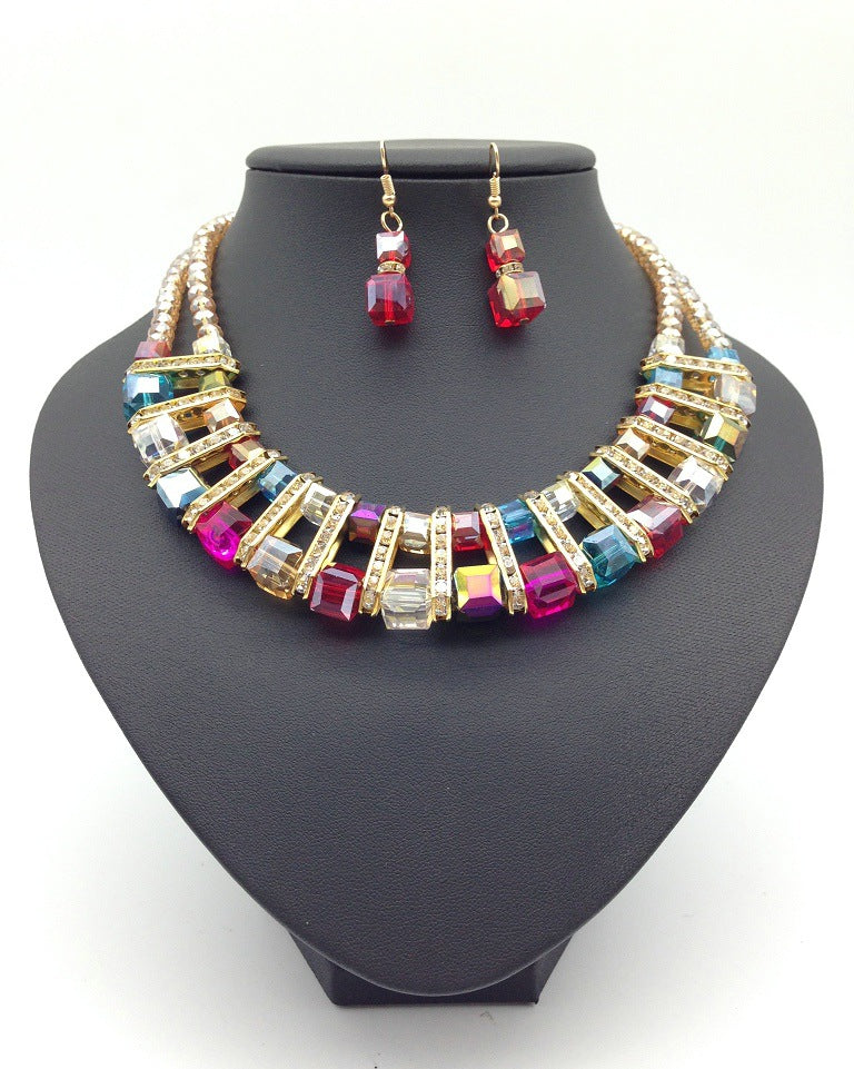 Crystal Glass Color Necklace Earrings Set with Clavicle Chain