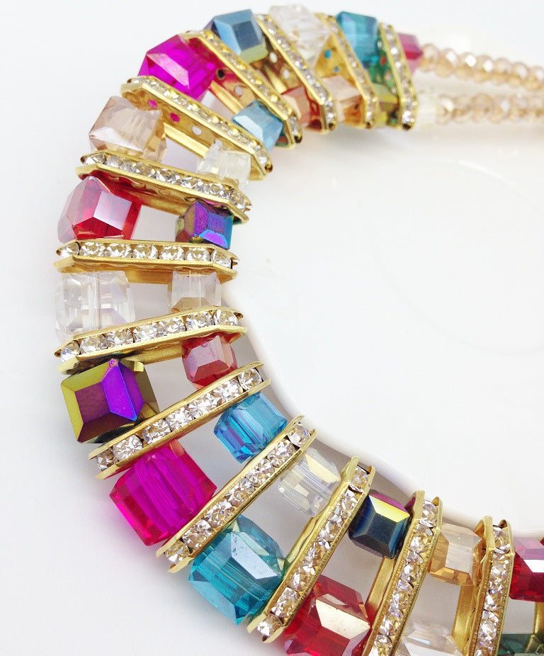 Crystal Glass Color Necklace Earrings Set with Clavicle Chain