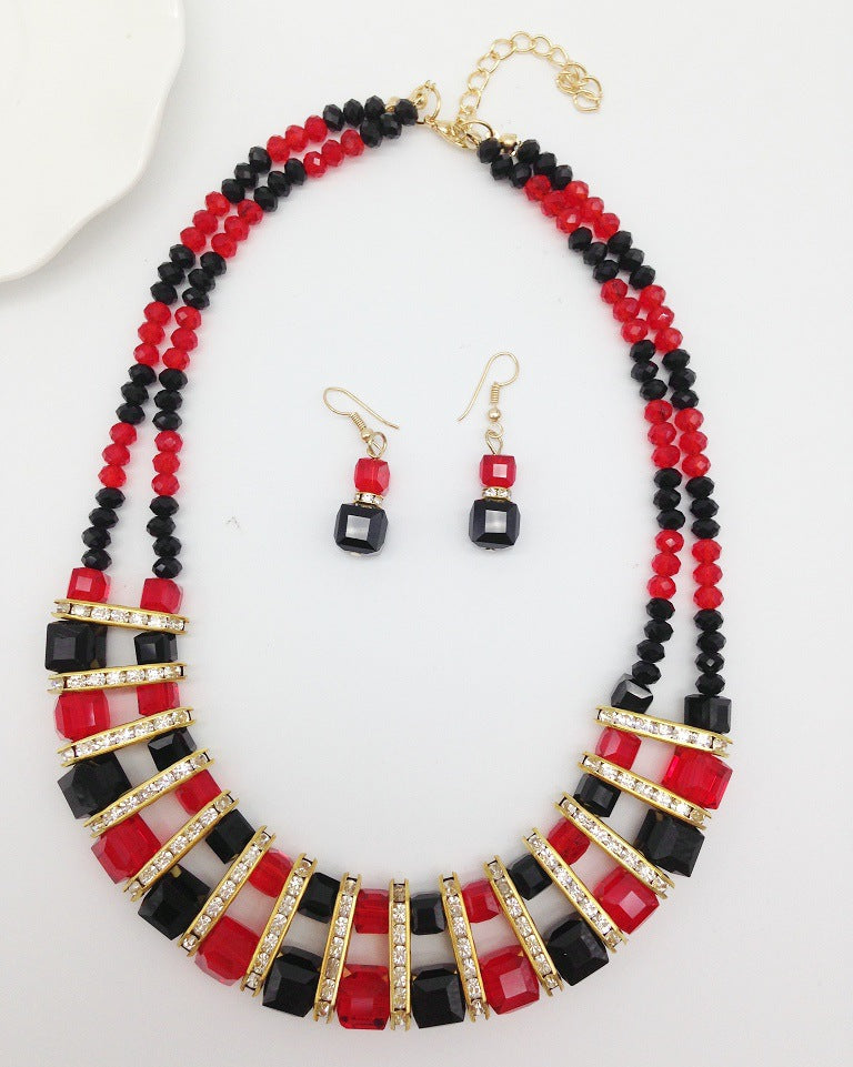 Crystal Glass Color Necklace Earrings Set with Clavicle Chain