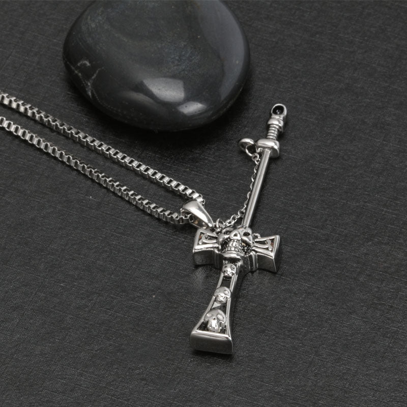 Stylish Titanium Steel Skull Sword Cross Pendant Necklace for Men - European and American Design