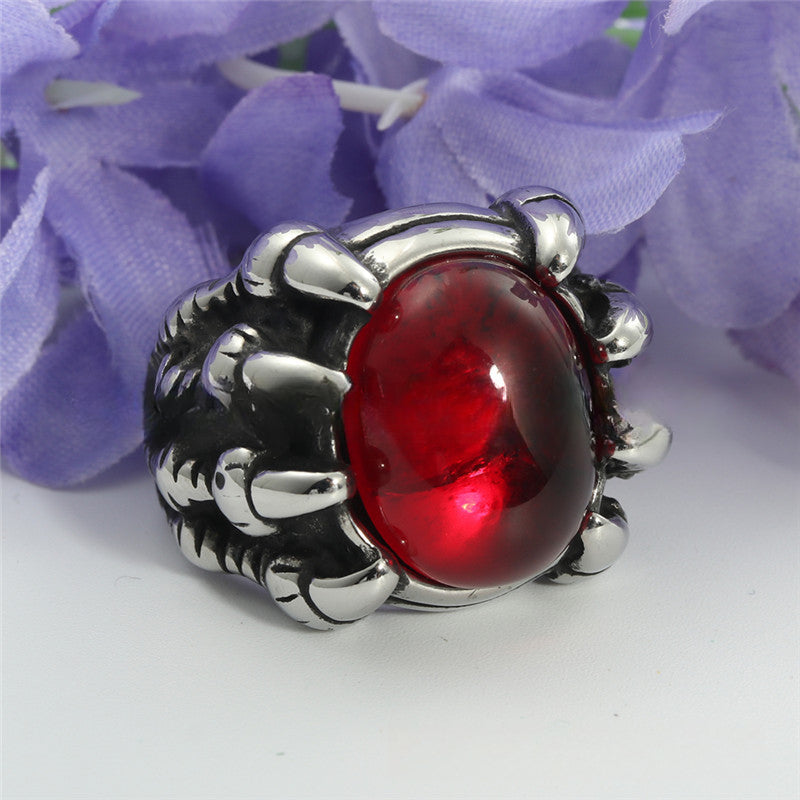 Titanium Steel Retro Dragon Claw Ring with Red Gemstone for Men and Women - Trendy European and American Jewelry