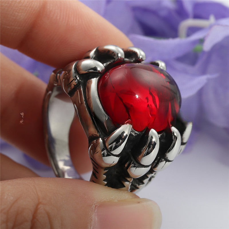 Titanium Steel Retro Dragon Claw Ring with Red Gemstone for Men and Women - Trendy European and American Jewelry