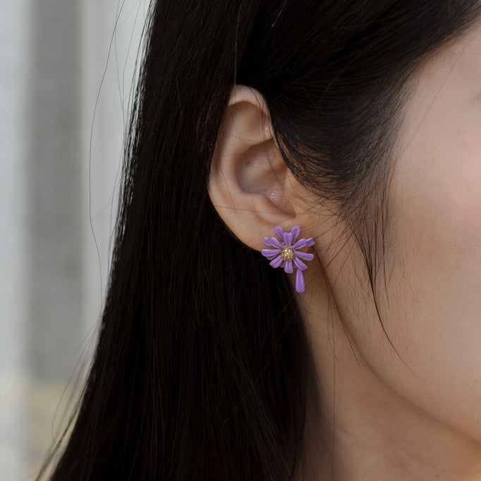 Enamel Purple Daisy Zircon Asymmetrical Sterling Silver Earrings