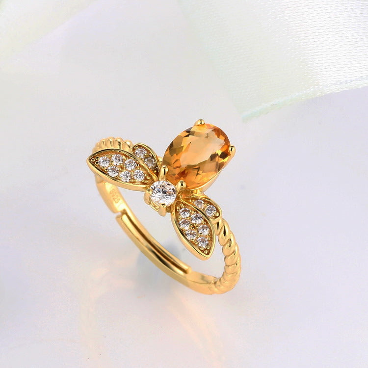 Oval Natural Yellow Crystal Little Bee Opening Sterling Silver Ring