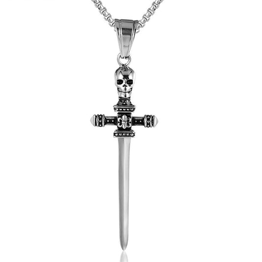 Halloween Skeleton Head Cross Sword Titanium Steel Necklace for Men