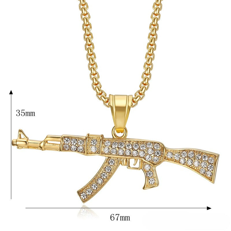 Planderful Hip Hop AK47 Pendant Necklace Stainless Steel Gold Plated Rhinestones For Men And Women