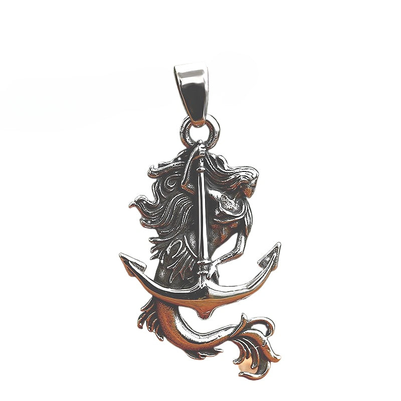 Retro Punk Style Titanium Steel Mermaid and Anchor Pendant for Men