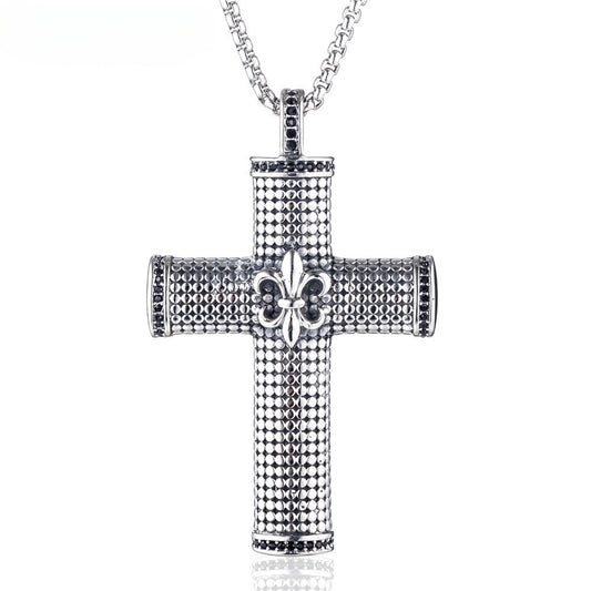 Mosaic Cross Childern Flower Zircon Titanium Steel Necklace for Men