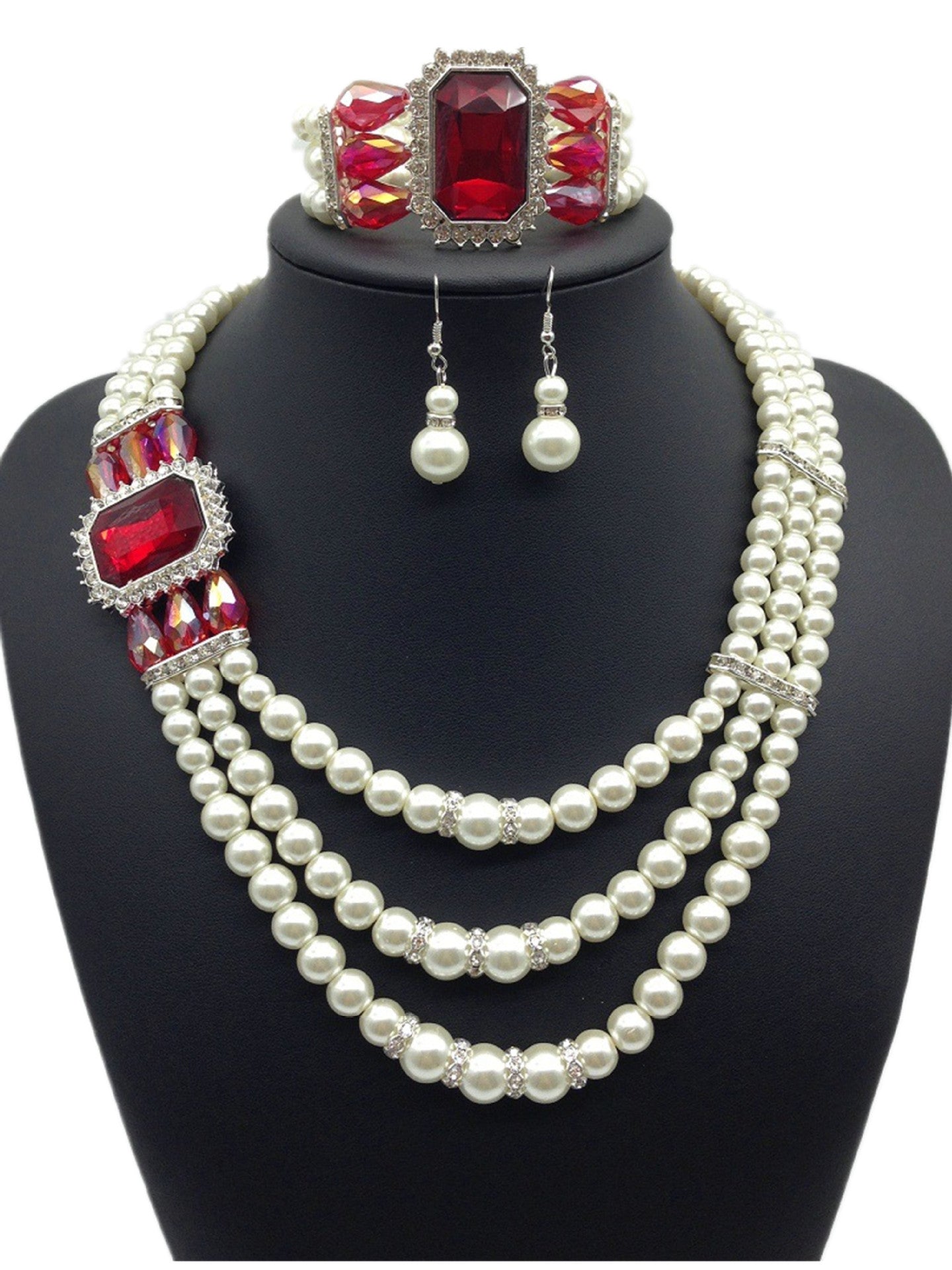 Pearl and Gemstone Multi-layer Necklace, Earrings & Bracelet Set