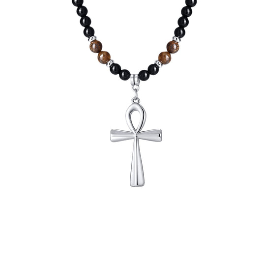 Stainless Steel Anka Cross Black Acrylic Round Beads Natural Tiger's Eye Beaded Necklace