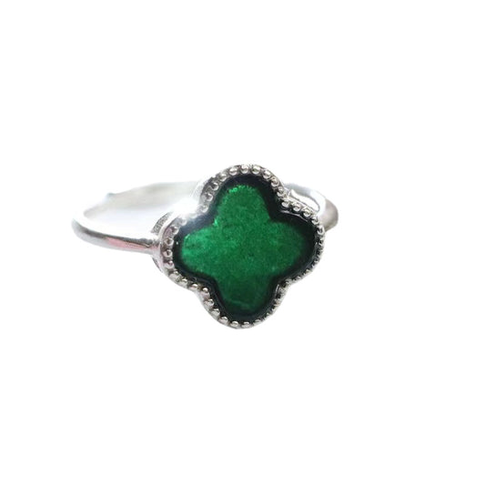 Four-leaf Clover Sterling Silver Ring with Blackish Green Natural Jade