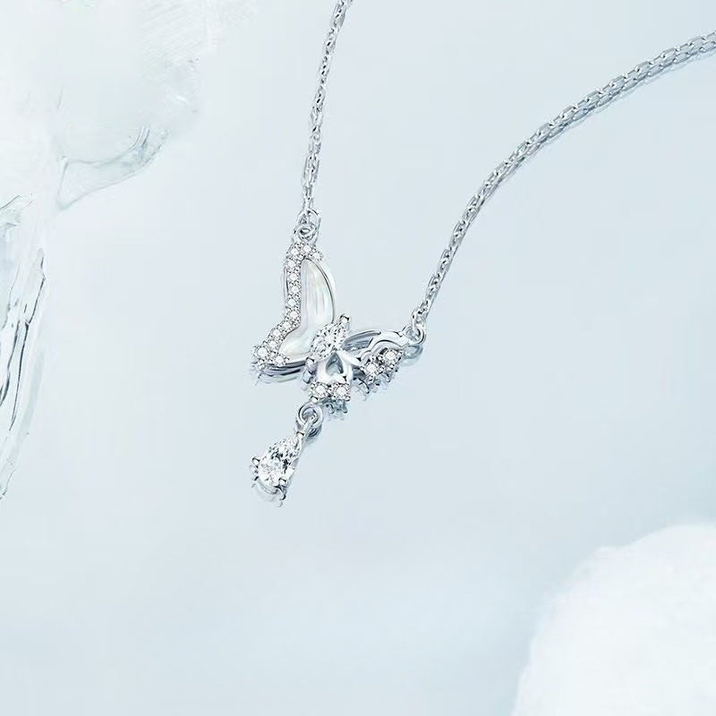 Planderful Sterling Silver Moonlight Butterfly Necklace With Mother Of Pearl Zircon Collarbone Gift For Girlfriend