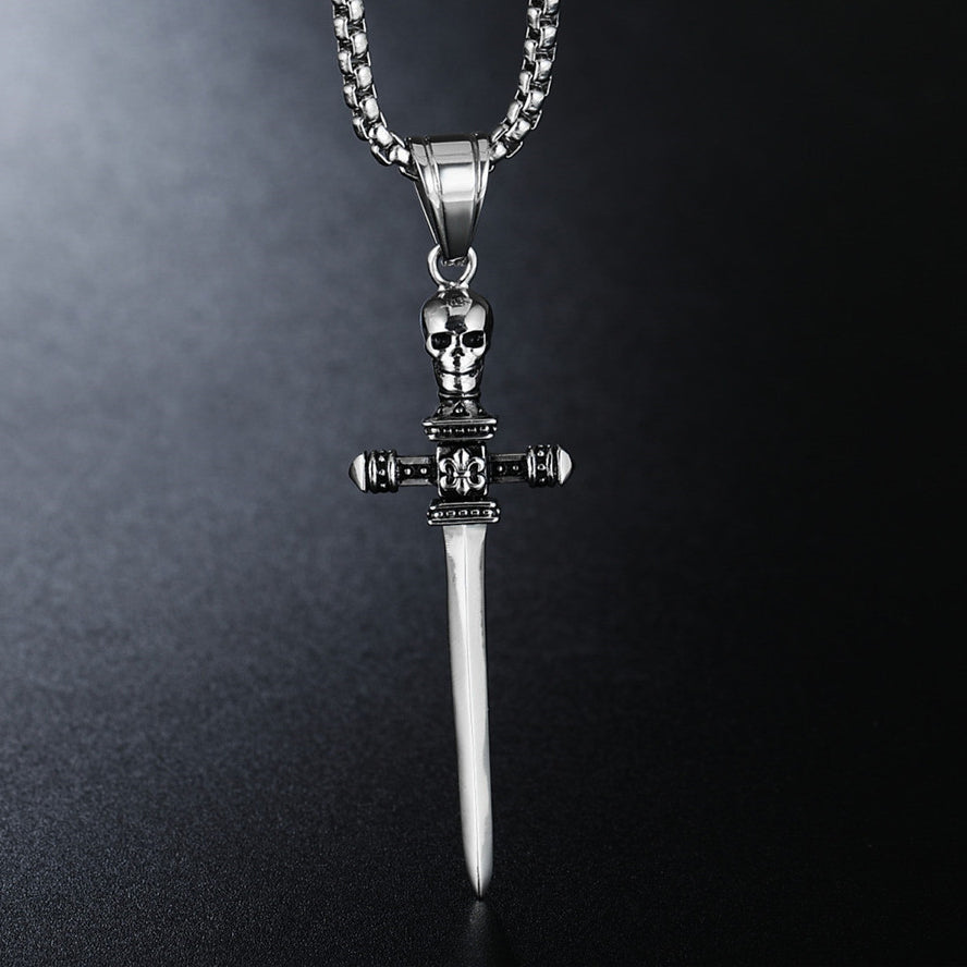 Halloween Skeleton Head Cross Sword Titanium Steel Necklace for Men